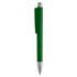 A green plastic pen with a silver clip and tip, featuring a logo on the side.