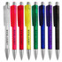 A collection of plastic pens in various colours: white, pink, yellow, green, blue, purple, and black, featuring a logo.