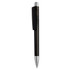 A black plastic pen with a silver clip, featuring a sleek design and a logo.