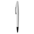 A plastic pen in white and black, featuring a sleek design and a clip. It has a logo on the barrel.