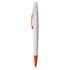 A plastic pen featuring a white body and orange accents, complete with a branding logo.