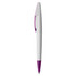 A white and purple plastic pen with a clip and a logo on the barrel.