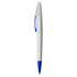 A plastic pen featuring a white barrel and blue accents, complete with a logo.