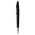A black plastic pen with a shiny silver clip and tip, featuring a simple design and logo.