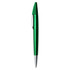 A green metallic pen with a silver clip and tip, featuring a branding logo.