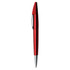 A red metallic pen with a shiny silver tip and clip, featuring a sleek design and a branding logo.
