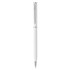 A white plastic pen with a silver clip and trim, featuring a sleek design and a logo on the body.