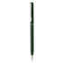 A green plastic pen with a shiny silver clip and accents, featuring a logo.