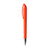 An orange plastic pen with a sleek design and a silver tip, featuring a clip for easy attachment.