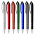 A collection of metallic pens in silver, red, orange, green, blue, and black, featuring a logo on each.