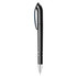 A sleek black metallic pen with a stylish design and chrome accents. It features a clip for easy attachment.