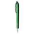 A green metallic pen with a sleek design and silver accents, featuring a logo on its surface.