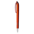 A metallic orange pen with a sleek design, featuring a clip and a silver trim, alongside a logo.