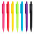A collection of plastic pens in pink, red, yellow, green, blue, purple, and black, featuring clips and a logo.