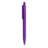 A plastic pen in a vibrant purple hue with a clip and a smooth, sleek design. It features a logo.
