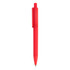 A red plastic pen with a clip, featuring a sleek design and a silver tip. It has a branding logo on the side.