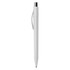 A plastic pen in white with a silver clip and tip, featuring a logo on the body.