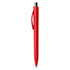 A red plastic pen with a silver clip, featuring a smooth, sleek design and a logo on its surface.