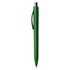 A green plastic pen with a silver tip and a clip. The pen has a sleek, simple design and includes a logo.