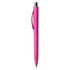 A pink plastic pen with a silver clip and tip, featuring a streamlined design and a branding logo.
