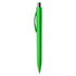 A green plastic pen featuring a silver top and a clip on the side. The pen has a sleek design and a branding logo.