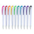 A collection of white plastic pens with various coloured clips including red, orange, yellow, green, blue, and purple.
