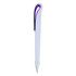 A plastic pen in light purple with a silver tip and a purple clip, featuring a logo.