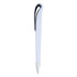 A plastic pen in white with a black clip and silver tip, featuring a logo on the barrel.