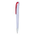 A plastic pen in light purple with a red clip and a silver tip, featuring a logo on the body.