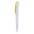 A plastic pen in light purple with a yellow clip and silver tip, featuring a logo.