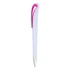 A plastic pen featuring a white body with a pink clip and silver tip, displaying a simple design.