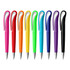 A collection of ten plastic pens in various colours: pink, red, orange, yellow, green, blue, purple, and black, each with a clip.