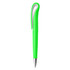 A bright green plastic pen with a curved clip and silver tip, featuring a logo.