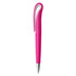 A pink plastic pen with a unique curved clip and a silver tip, featuring a logo.