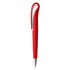 A red plastic pen with a sleek design and a silver tip, featuring a logo on the side.