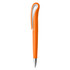 An orange plastic pen with a silver clip and a smooth design. It features a logo on the body.