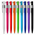 A lineup of plastic pens in white, pink, red, orange, green, blue, purple, and black, each with a silver clip.