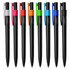 A collection of black pens with various coloured clips: pink, orange, green, blue, and white. Each pen has a branding logo.