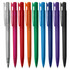 A collection of plastic pens in various colours: clear, red, pink, orange, green, blue, purple, and black. Each has a clip and a logo.