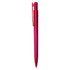 A pink plastic pen with a clip, featuring a smooth design and a logo on the barrel.