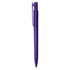 A purple plastic pen featuring a clip and a smooth design. It has a branding logo on the body.