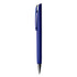 A blue plastic pen with a clip and a shiny silver tip, featuring a logo on the body.