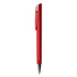 A red plastic pen with a silver clip and tip, featuring a simple design and a logo.