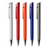 A collection of five plastic pens in white, red, orange, blue, and grey, each with a distinctive clip design.