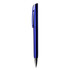 A metallic blue plastic pen with a silver clip and a rounded tip, featuring a logo on its body.