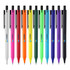 A collection of plastic pens in various colours, including white, red, pink, orange, green, blue, and purple, featuring branding.