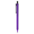 A purple plastic pen with a black clip and a branding logo on the body.