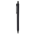 A black plastic pen with a clip and a retractable tip. It features a logo along the side.