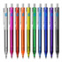 A collection of plastic pens in various vibrant colours, featuring a logo on each pen.