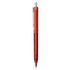 A red plastic pen with a white clip and a visible ink mechanism. It features a simple design and has a logo.